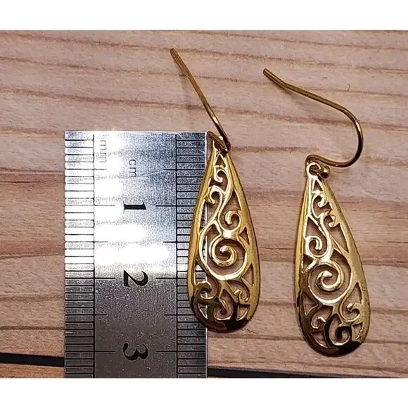 Yellow Gold Plated Sterling Silver Teardrop Filigree Drop Dangle Hook Earrings - Picture 6 of 9